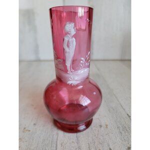 Mary Gregory red painted boy miniature vase glass unique